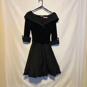 ELIZA J. New York Black 50s‎ Style Flare Tulle Lined Dress Size 8 Ruched Sleeves